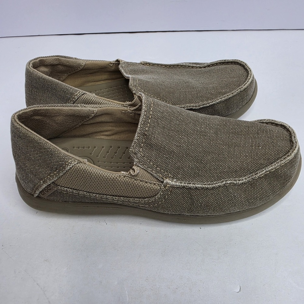 Crocs Santa Cruz Kids Canvas Slip On Loafers Khaki Tan Moc Toe Shoes
